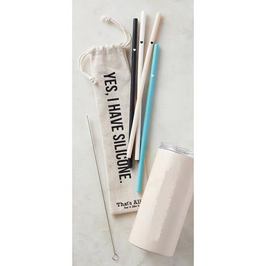 Discover the convenience of our Silicone Straw Set! Reusable, bendable and portable, this set comes complete with 4 silicone straws, a cleaning brush and a drawstring bag - all you need for an eco-friendly, on-the-go experience. Enjoy your favorite drinks without waste - make the switch today!  Size: 9.75" in length  Care Instructions: Hand wash only  Tumbler not included.