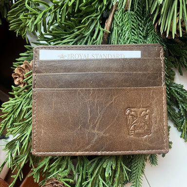 This is such a nice leather wallet embossed with a Bulldog head! It's brown and a slim style so not to be too bulky in a pocket. One side has 4 slots while the other has 3 with a larger slot for money. It's the perfect size! 
