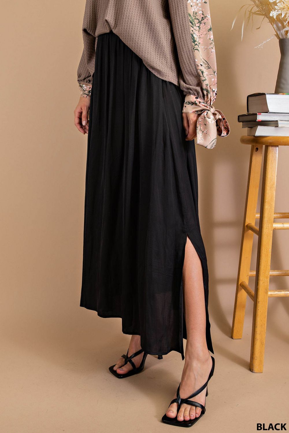 Black A Line Skirt with Side Slit and Pockets