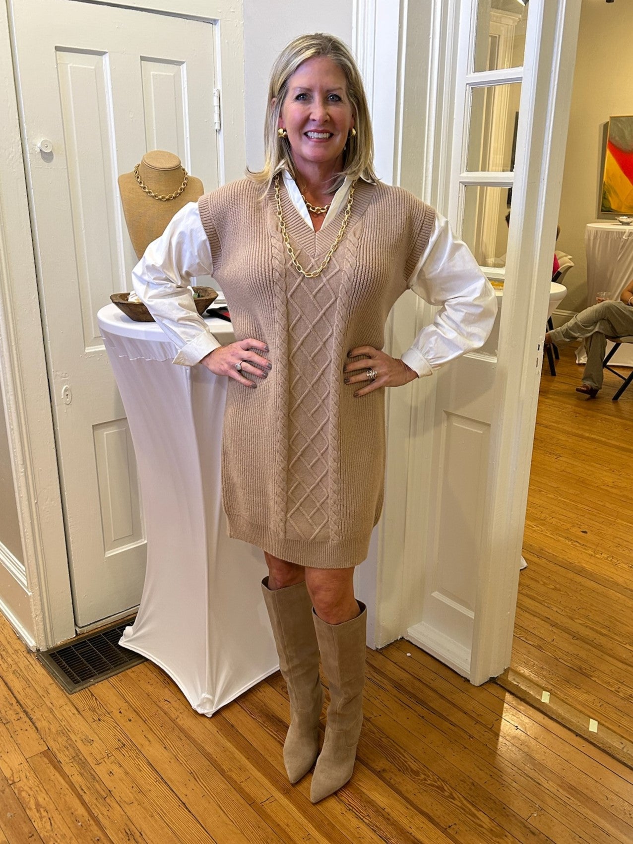 Enhance your style with our Cable Knit Shirt Dress! Featuring a beautiful latte color, this dress combines the classic look of a white button up shirt with a cozy cable knit sheath. Perfect for any occasion, you'll love the chic and versatile style this dress brings to your closet.

Material: 30% Polybutylene terephthalate (PBT) / 28% Acrylic / 23% Nylon / 19% Viscose
&nbsp; &nbsp; &nbsp;Contrast: 100% Cotton

Care Instructions: Hand wash separately in cold water, hang to dry