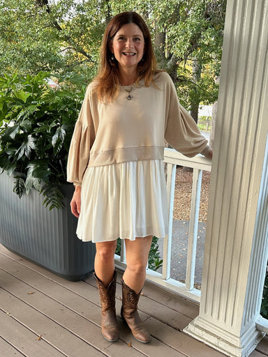 Effortlessly chic and versatile, our Comfy Round Neck Drop Shoulder Crop Mini Dress features a seashell and off-white color. With a round neckline, drop shoulder design, and ribbed neckline, cuffs, and hemline, this dress is perfect for all seasons. The long balloon sleeves add a touch of drama to the loose tunic style, making it a must-have for your wardrobe!

Material: 70% Polyester / 30% Cotton
&nbsp; &nbsp; &nbsp;Contrast: 65% Polyester / 26% Cotton / 9% Spandex
&nbsp; &nbsp; &nbsp;Contrast: 100% Rayon