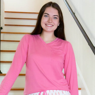 This long sleeve, soft tee with just enough stretch will guarantee that all your dreams are sweet dreams! There are a variety of styles and colors that you will love!