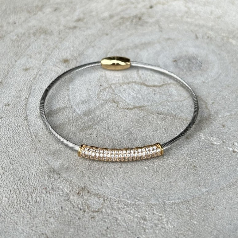 Mixed Metal Bracelet w/ Cubic Zirconia Bar