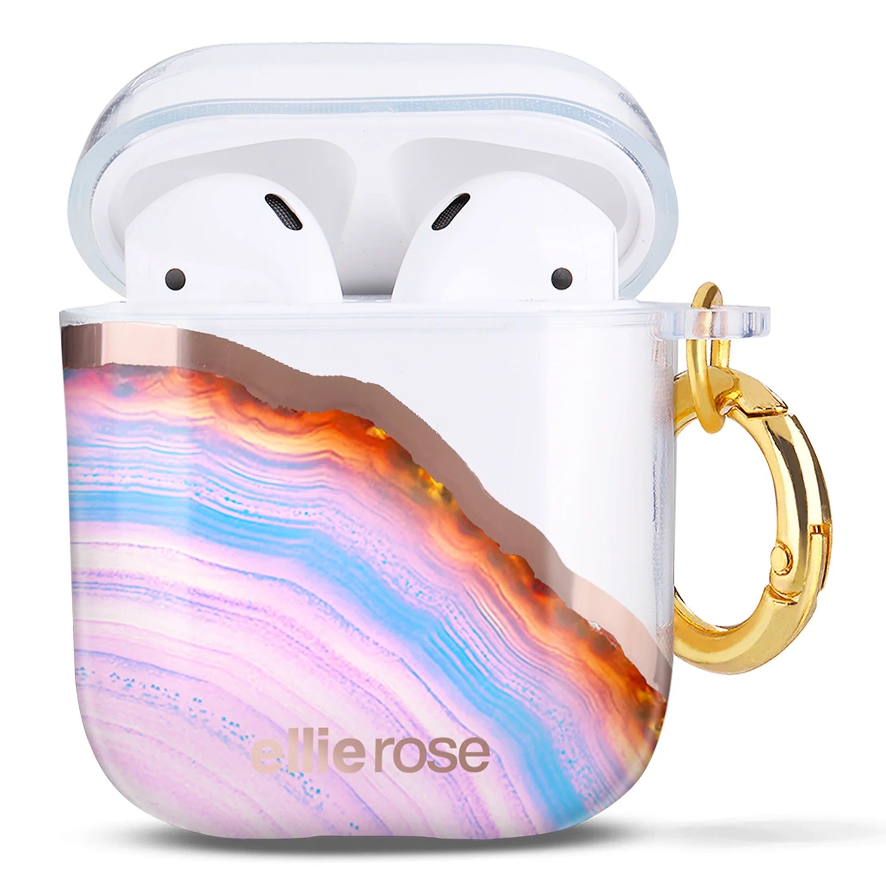 A must-have for on-the-go convenience, our Protective Airpods Cases are made of high quality, yet flexible TPU to provide superior protection for your AirPods. With a secure 2-piece case and a gold ring that attaches to your purse, keys, or gym bag, you'll be ready for anything. Plus, you get easy access to the lightning port and compatibility with most wireless chargers. Protect your AirPods in style!