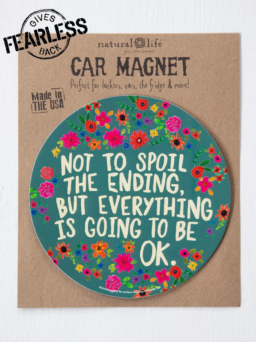 Add a splash of color and positivity to any metal surface with this vibrant car magnet. Whether adorning your vehicle, locker, or fridge, it's a cheerful way to express yourself and brighten your day. Built with a durable, long-lasting magnet that holds strong, this accessory combines style with reliability. As part of Natural Life's FEARLESS Giveback Collection, your purchase supports meaningful causes. Spread joy wherever you go.

Dimensions:&nbsp;5.75in diameter

Material &amp; Care:&nbsp;

100% rubber
R