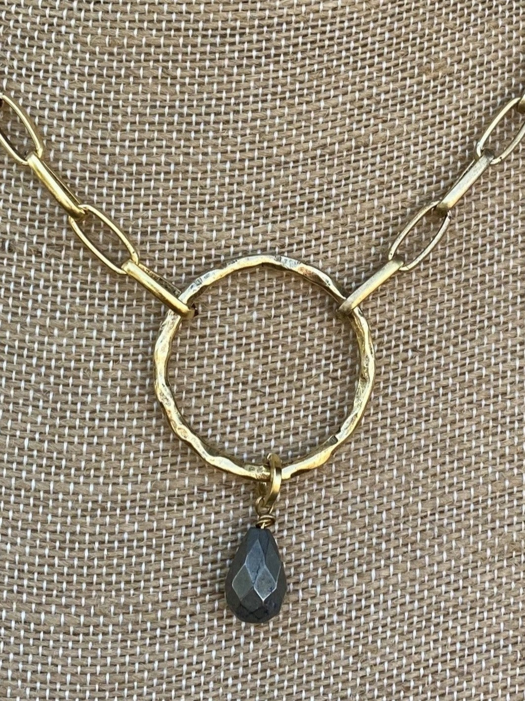 Hammered Gold Circle Necklace with Drop