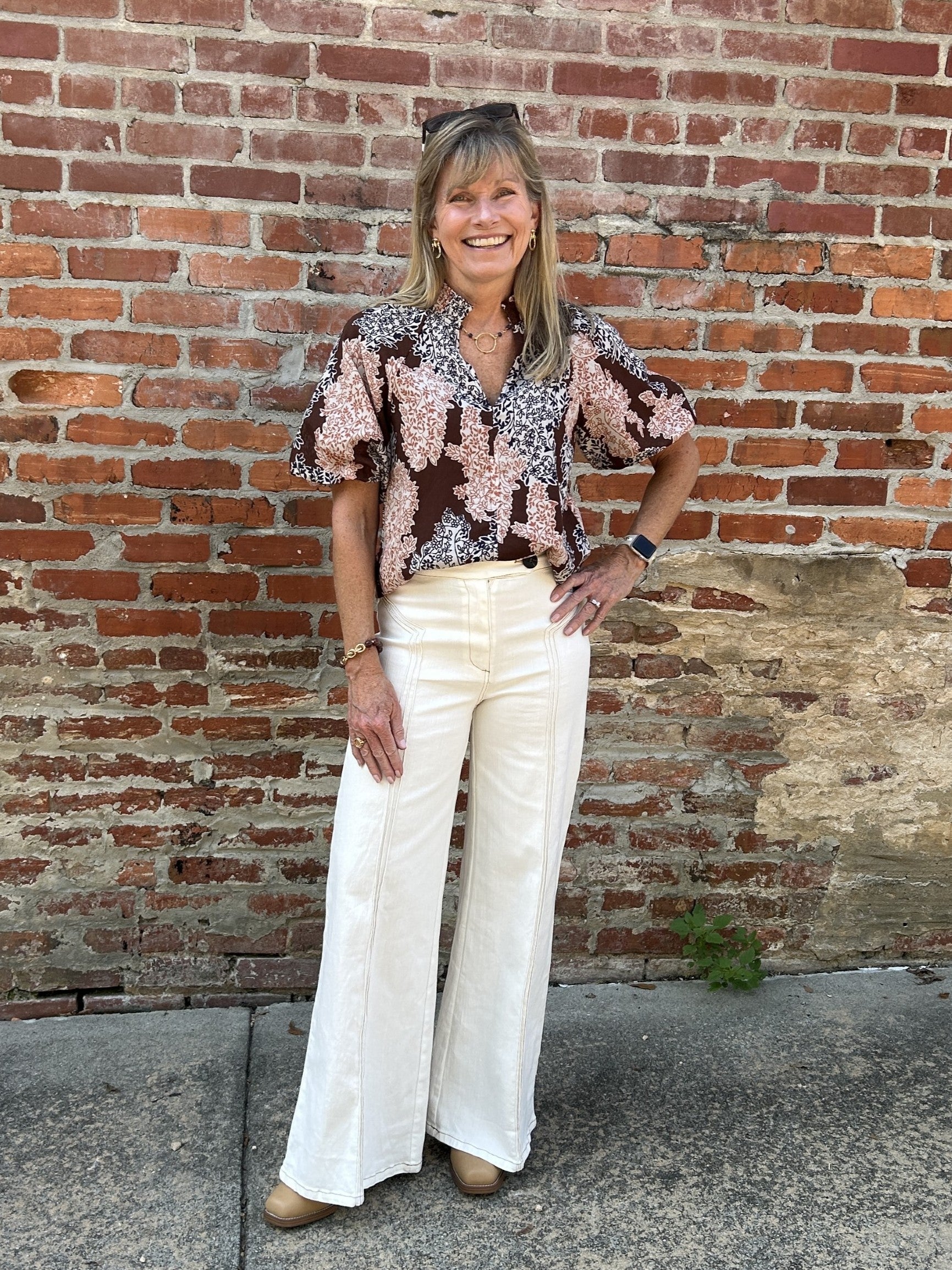 Fall Floral Print Top w/ Leaves Design