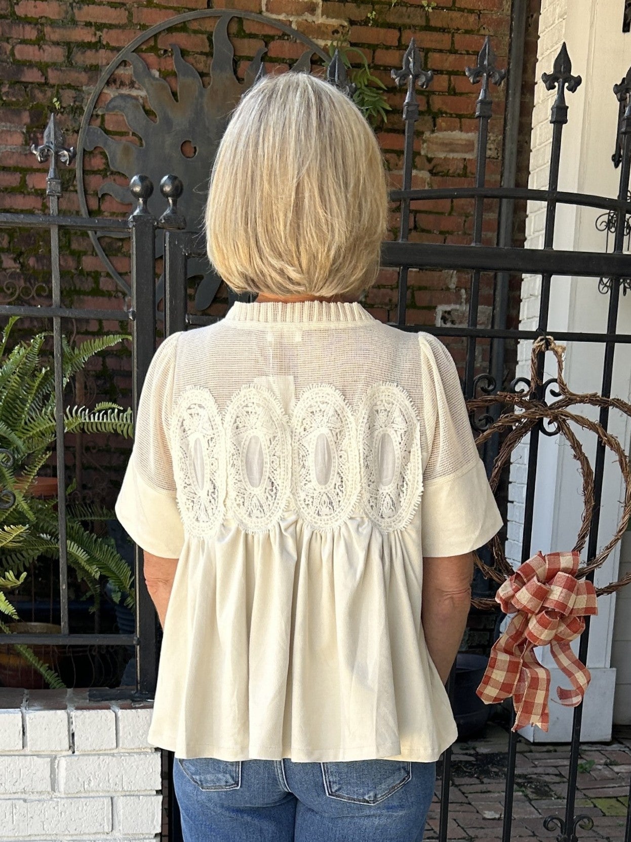 Lace Applique & Faux Sueded Top in Ivory