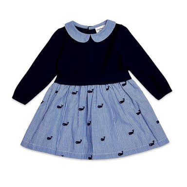 <p>Get ready for cuteness overload with our Embroidered Pinstripe Baby Sweater Knit Dress! Made with all-season, lightweight and breathable organic cotton, this dress features a soft hand feel and high quality design. The sweater knit top and woven pinstripe skirt with embroidered whales add an adorable touch, while the contrast pinstripe peter pan collar completes the look. Perfect for any occasion!