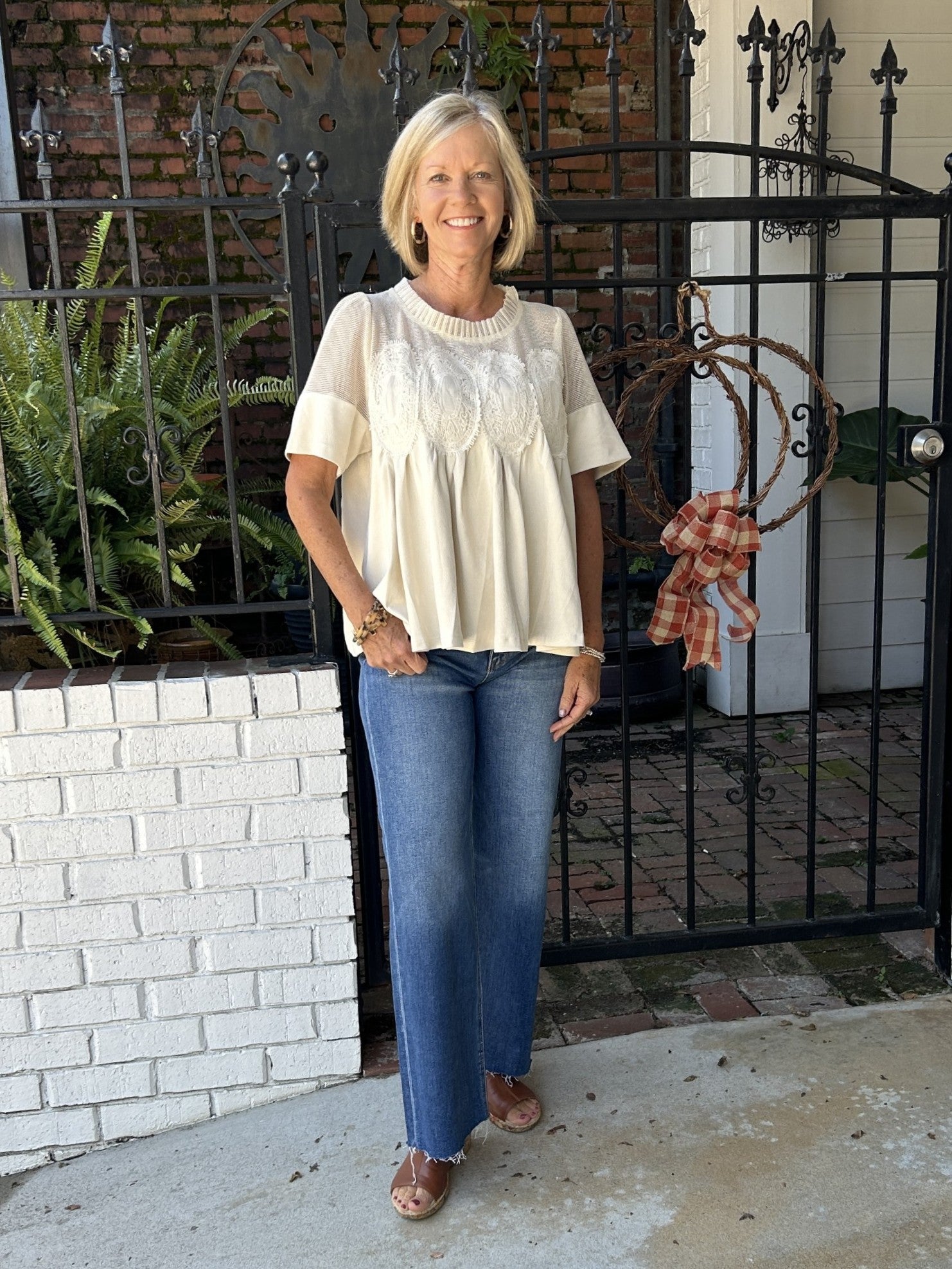 Lace Applique & Faux Sueded Top in Ivory