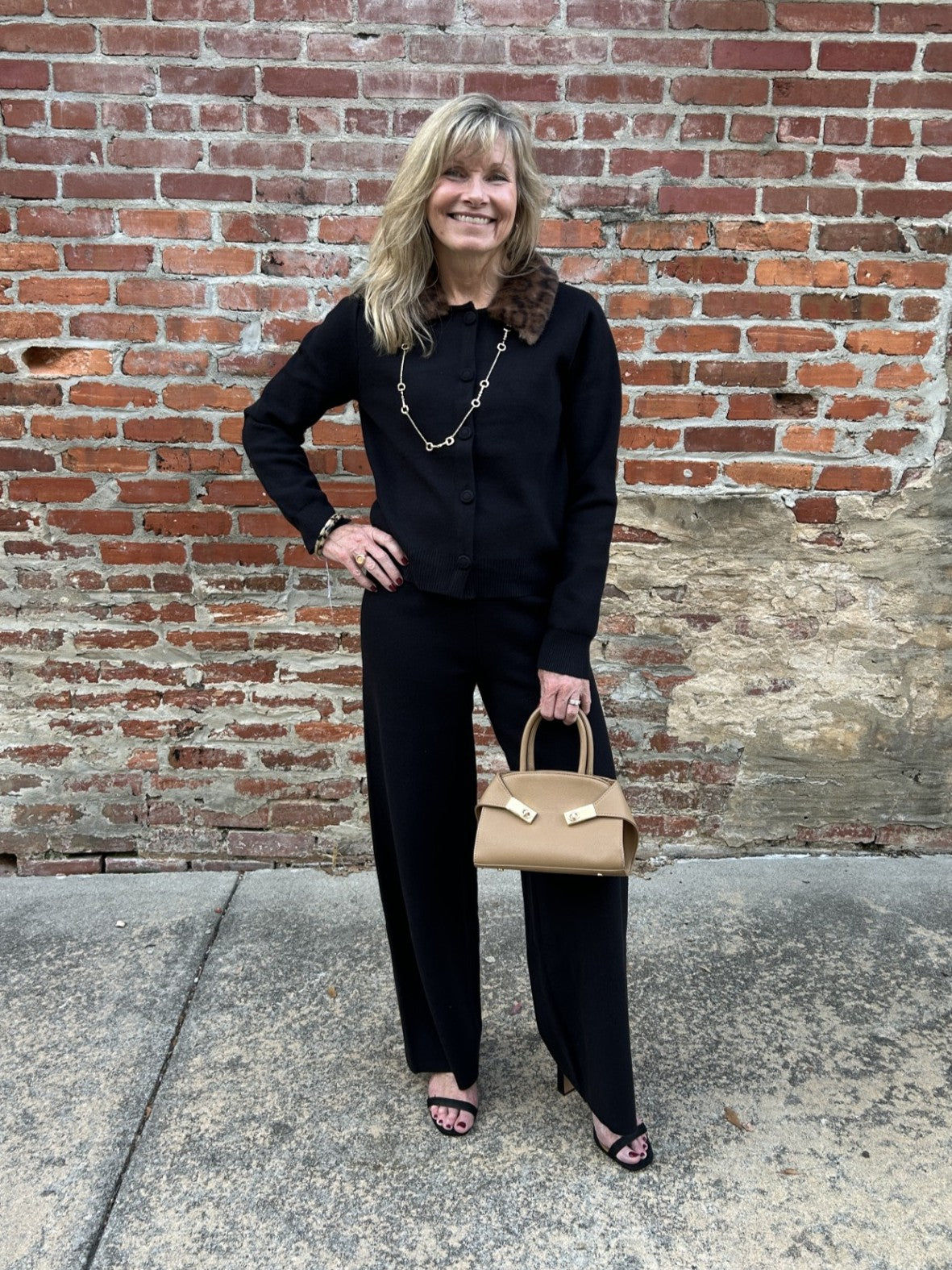 Black Button-Up Sweater & Pant Set w/ Leopard Fur Collar