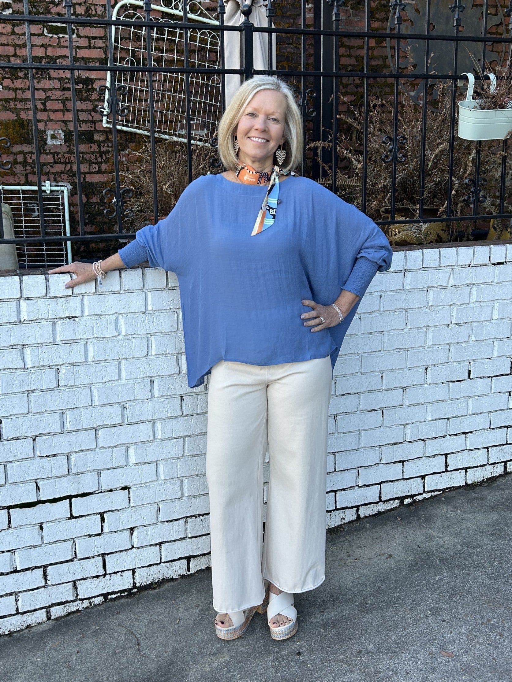 Boat Neck Oversize Top w/ Smocked Cuff Sleeve