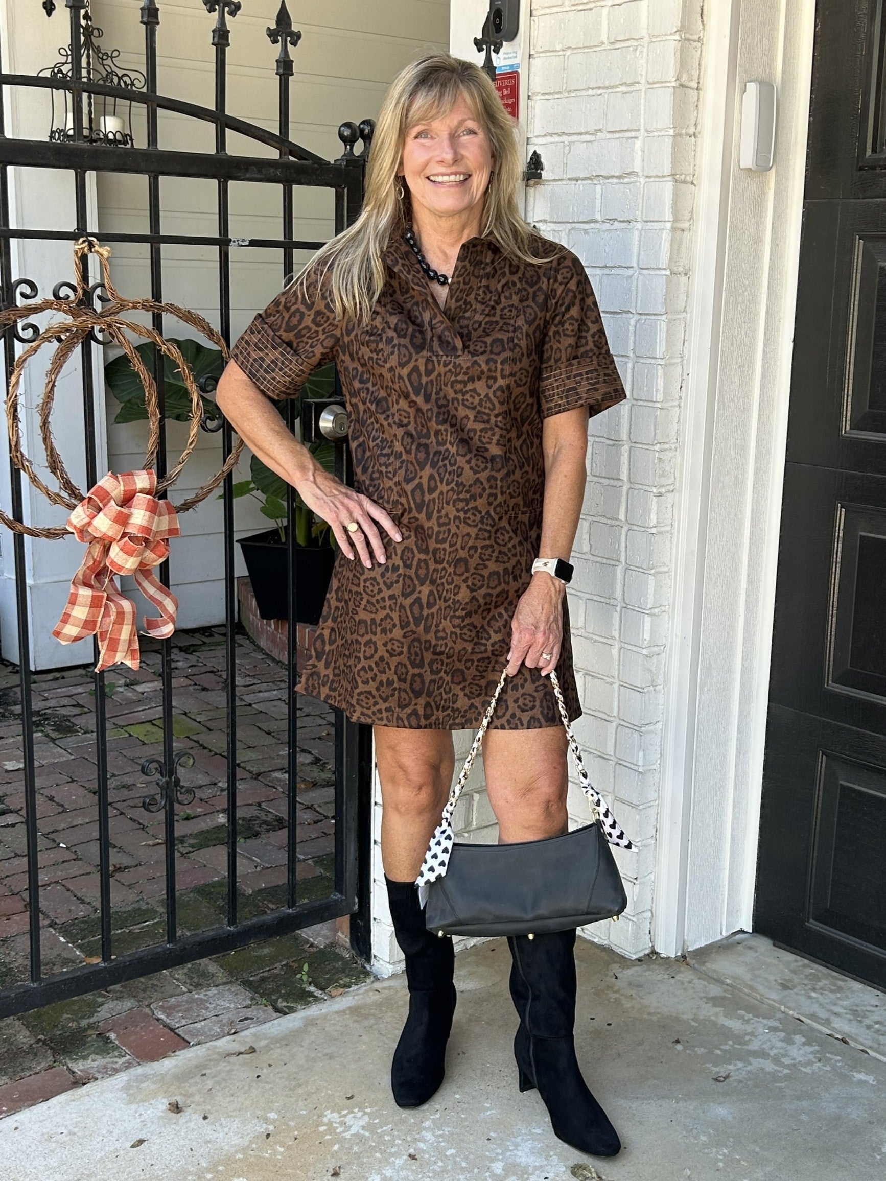Faux Suede Leopard Print Dress / Collar Detailing