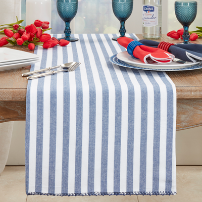 Crisp blue and white stripes bring timeless appeal to any space. This lightweight runner works beautifully for patriotic displays, spring gatherings, and summer entertaining. The whipstitched edges add refined detail and durability. Perfect for entryways, kitchens, or seasonal décor that celebrates classic American style.

Dimensions: 16 x 72 Oblong

Material: 100% Cotton

Care Instructions: Cold Hand Wash, Hang Dry, Medium Iron