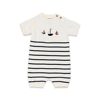 <p>Set sail in style with our Sailboat Embroidered Knit Short Baby Romper. Made from ultra-soft 100% organic cotton, this nautical-themed romper features a striped design and adorable sailboat embroidery. It's natural in color with navy and red accents. Lightweight and perfect for all seasons, your little one will be comfortable and stylish in this must-have piece.</p> <p>Ethically produced in India, supporting better livelihoods for small grower farmers. 100% Organic Cotton. 