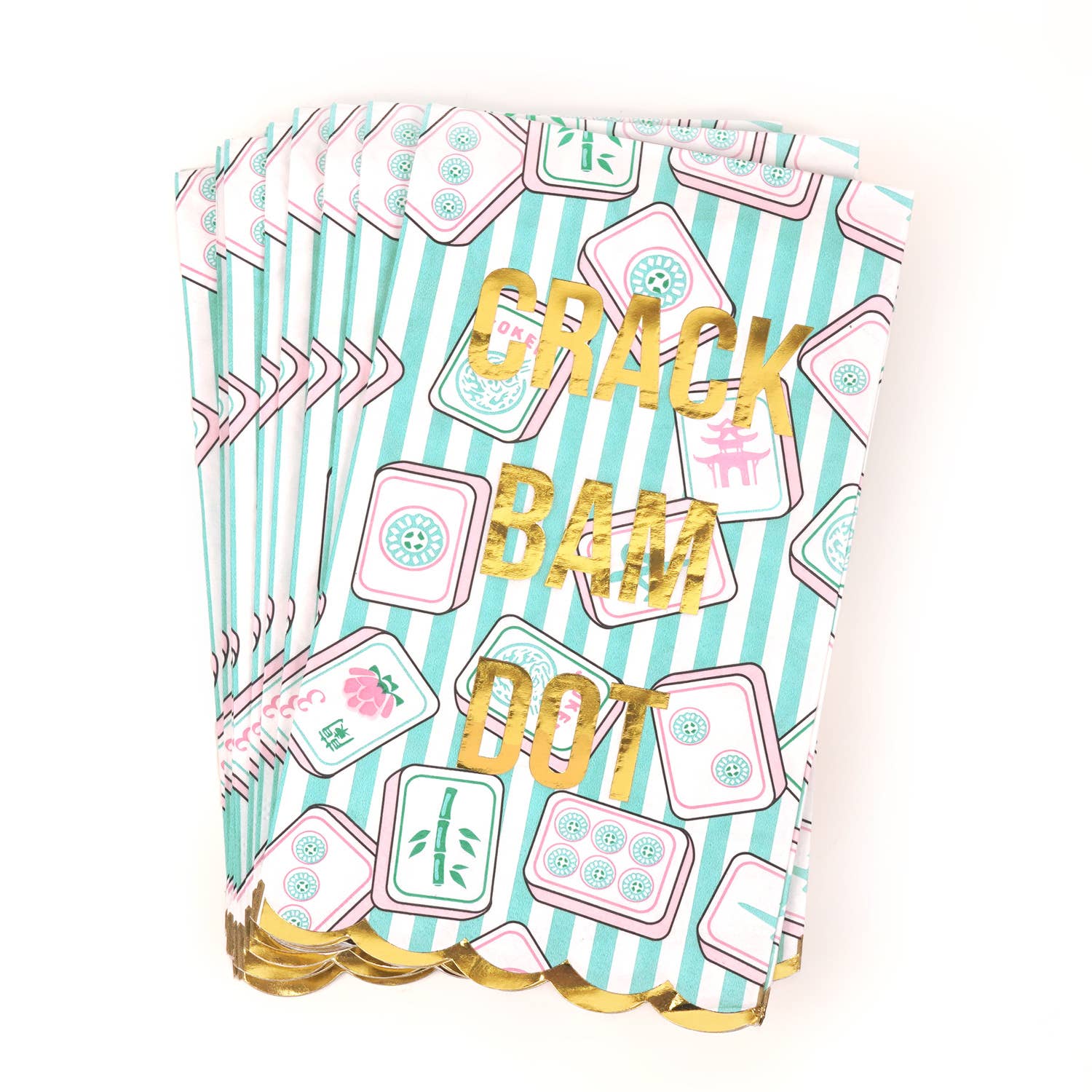 Bring the excitement of Mahjong to your entertaining with these charming paper guest towels. Featuring a vibrant tile-striped print that captures the game's iconic aesthetic, each pack showcases gorgeous gold-colored scalloped edges for an elegant touch. Perfect for adding personality to your table settings, bathroom displays, or bar cart, these towels spark conversation and set a playful mood. Whether you're hosting game night or simply want to elevate everyday moments with a dash of fun, these guest towel