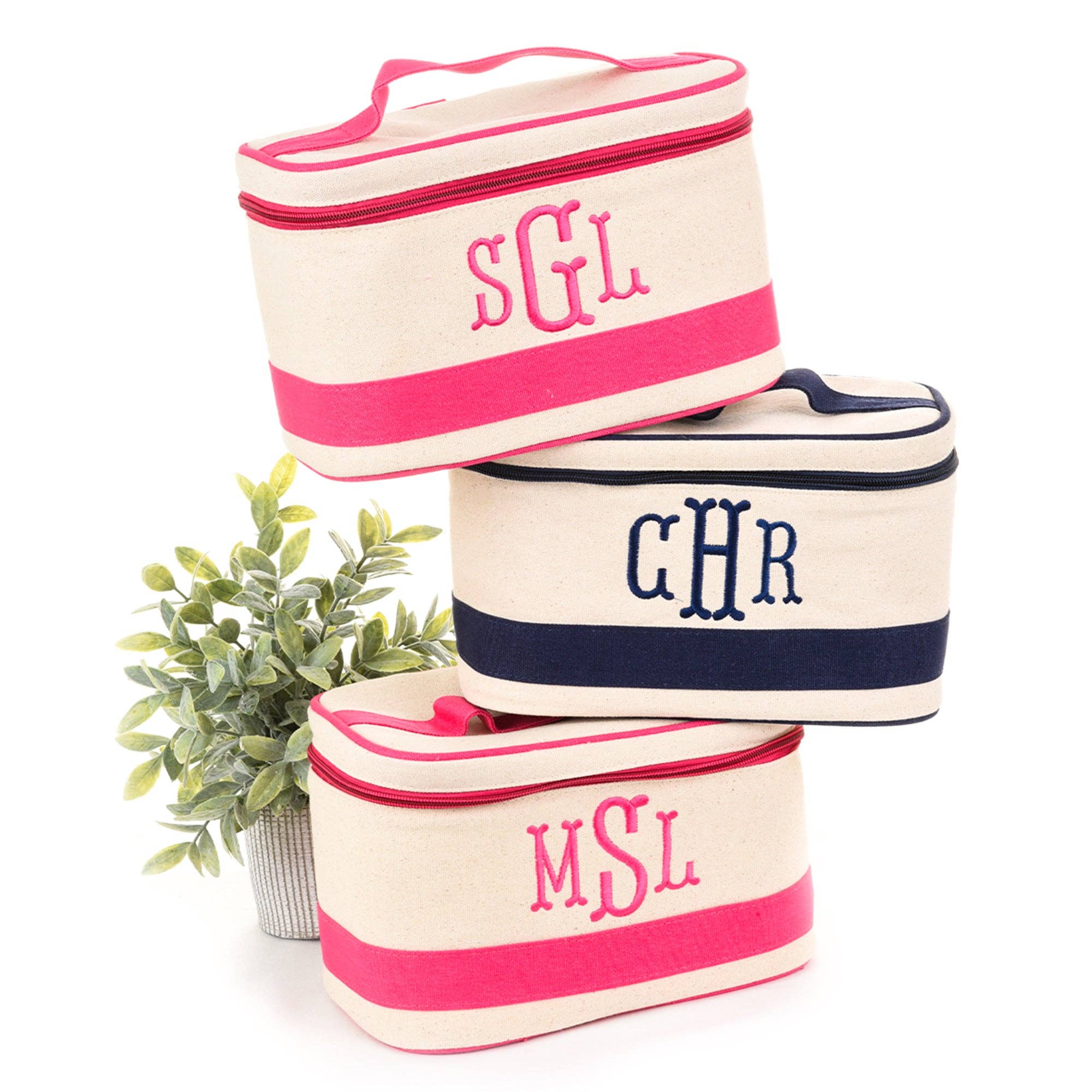 Linen train case with color block bands for accent and a monogram. Navy, Pink and Red