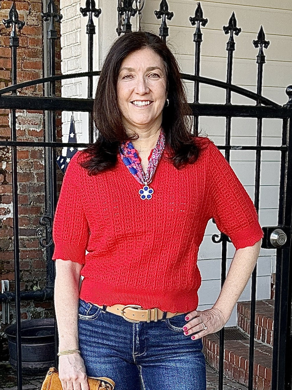 Open Knit Collared Short Sleeve Top/Sweater