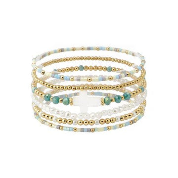 Gold & Seed Beads Bracelet Sets w/ Cross Accent