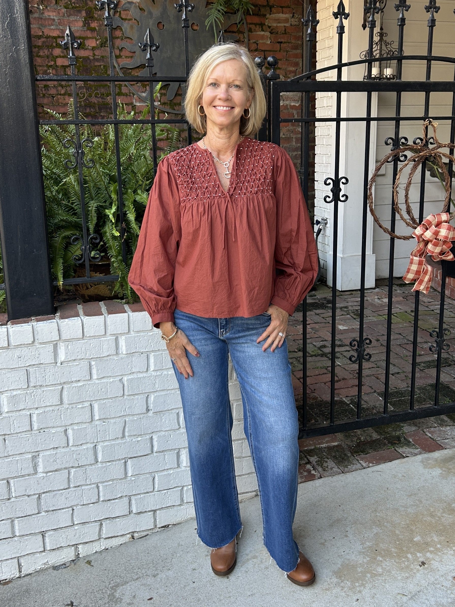 Smocked Detail Top in Rust