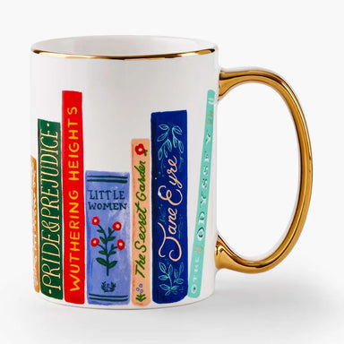 Curl up with your favorite novel and a steaming cup of coffee in this charming Book Club mug. Crafted from fine porcelain, it showcases beautifully illustrated classic book covers that celebrate literary favorites. The elegant gilded rim and handle add a touch of sophistication to your daily routine, making it perfect for book lovers who appreciate both style and substance. A delightful companion for quiet reading moments.

Details:

Porcelain
Full-color illustration with metallic gold accents
Hand wash
16 