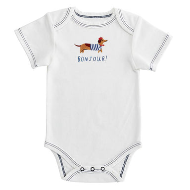 Say "Bonjour!" to cuteness with our Short Sleeve Onesie. Featuring an adorable French dachshund and the charming phrase "Bonjour!", this onesie is perfect for little ones with a love for all things French.&nbsp;

Size: 6-12 months

Material: 95% Cotton, 5% Spandex

Care Instructions: Machine Wash Cold. Tumble Dry Low