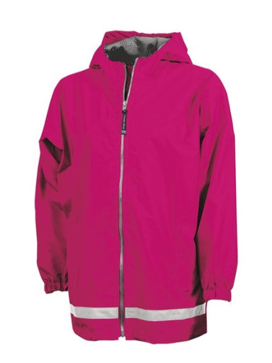 The Youth 'New Englander' Rain Jacket is wonderful rain jacket that will hold up for years! Charles River has perfected the art of the waterproof rain jacket by paying attention to all the little details that make it stylish while keeping you dry!    Looks great with a monogram on the left chest, the hood, or both! 100% polyurethane bonded to a woven backing with taffeta nylon in sleeves&nbsp;(3.98 oz./yd2) Wind &amp; waterproof with heat sealed seams for weather protection