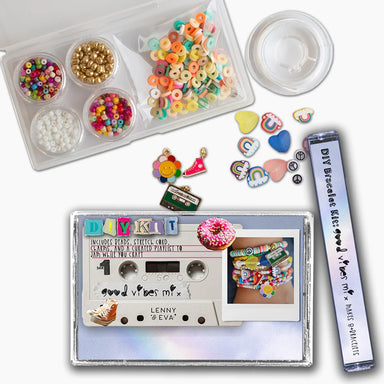 Create unique looks with our DIY Bracelet Kits! Each kit includes hours of fun, with assorted beads, stretch cord, and charms for endless combinations. And you get a bonus: a scannable code for a special playlist to set the mood while you craft!  Makes 8+ bracelets. Small parts-ages 12+.  4 seed bead colors enamel and acrylic charms stretch cord beading needle & clip polymer beads instructions  playlist scancode