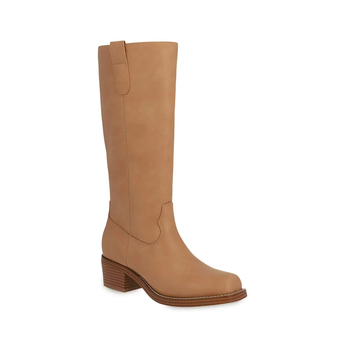 Introducing the Dustin Tall Heeled Boot in Nude—where rustic-chic meets everyday versatility. Crafted from vegan leather, this stunning tall boot features an 8-inch shaft that elongates your silhouette and pairs beautifully with denim skirts, dresses, or tailored pants. Convenient pull tabs make slipping on effortless, while the comfortable 2-inch block heel keeps you steady whether you're running errands or heading out for the evening. The soft nude tone complements any wardrobe, making this boot a timeles
