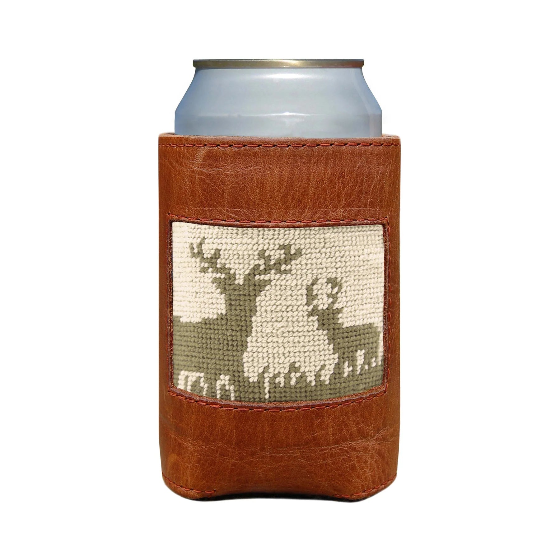 Oiled Can Coozie with Needlepoint Face