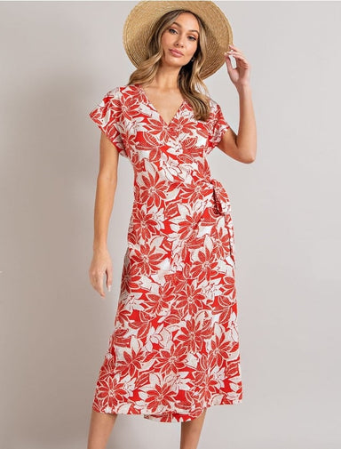 <p>Embrace the beauty of spring and summer with our Floral Midi Dress. Its lovely floral design showcases the vibrant tomato shade of red, perfect for any casual or dressy occasion. Effortless style and elegance with this stunning dress!</p> <p>Material: 100% Polyester</p> <p>Care Instructions: Hand wash cold, line dry</p>