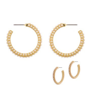 Discover the perfect balance of classic beauty and modern sophistication with these gold and pearl hoop earrings. Featuring lustrous pearls set against gleaming gold, these post earrings radiate timeless elegance that works with any occasion.

Size: 1" Hoop