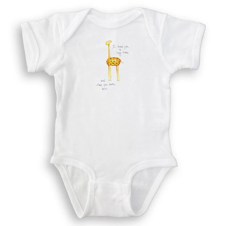 This adorable Newborn Giraffe Onesie is perfect for a new baby, featuring a sweet saying and a giraffe graphic. Crafted from soft and comfortable fabric, this onesie will keep your baby cozy and cozy.

" I loved you a long time then you were born"

Material: 100% Cotton

Care Instructions: Machine wash cold, tumble dry low