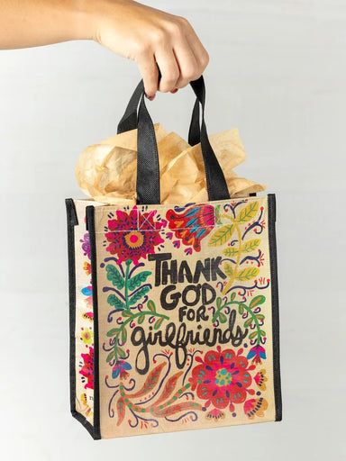 Celebrate your closest friendships with this charming Medium Happy Bag, the perfect gift for the women who make life better. Crafted from durable recycled water bottles, these eco-conscious bags are built to last through years of use and love. Whether you're stocking your gift closet or treating someone special, this versatile tote combines sustainability with style—because the best gifts reflect both thoughtfulness and quality.

Measurements: 8in L x 9.5in H x 4in W, 5.5in handle drop

Material:&nbsp;RPET,