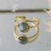 Discover the stunning beauty of our Sophia Labradorite Adjustable Ring! Featuring an earthy green labradorite stone and elegant gold trim, this ring is perfect for both casual and dressy occasions. With its adjustable design, it's sure to fit most fingers.  Details:   adjustable to fit most made with amazonite stone silver or gold plated hypoallergenic - no nickel/lead anti-tarnish coated