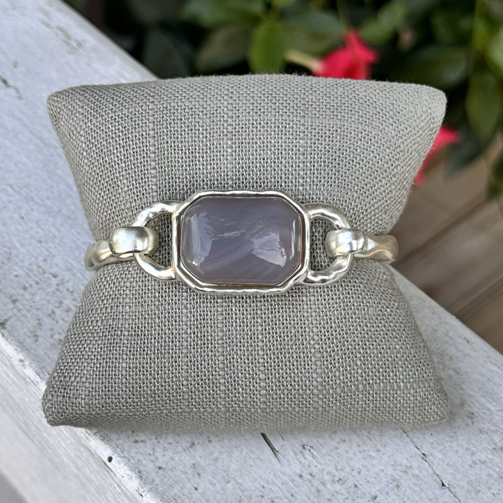 Silver Hinged Bracelet w/ Stone Accent