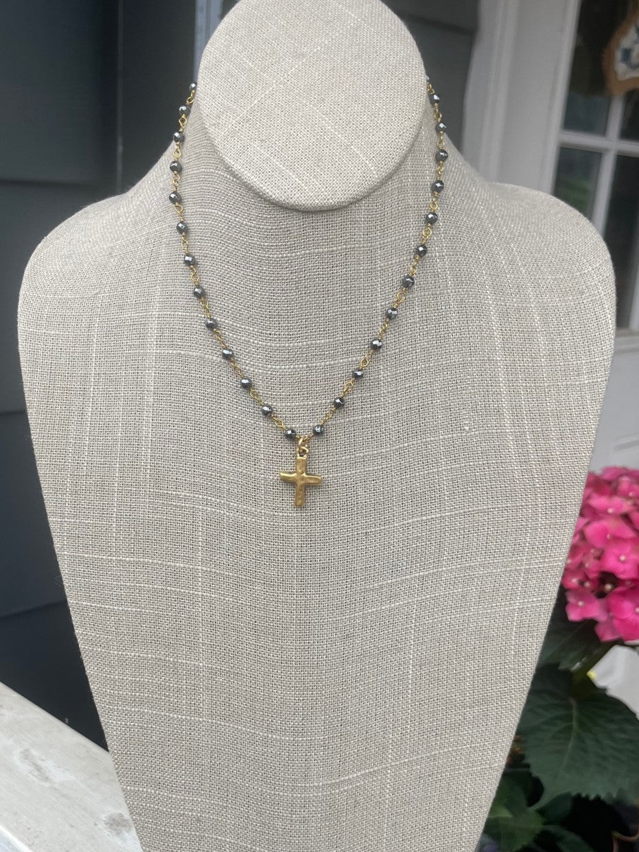 Crystal Beaded Necklace w/ Cross Pendant
