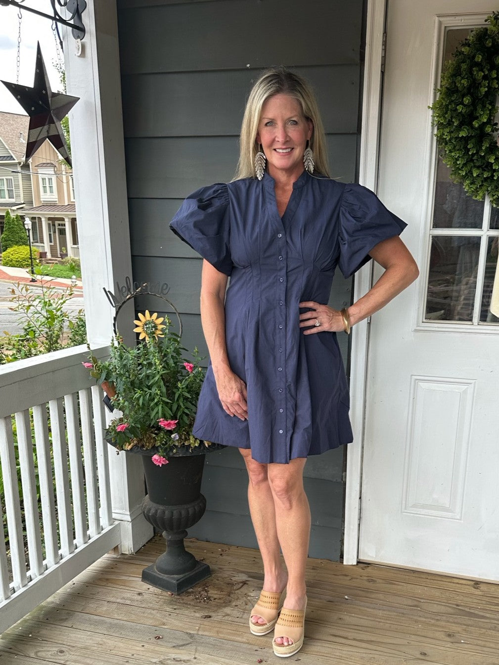 Button Front Dress w/ Puffed Sleeves