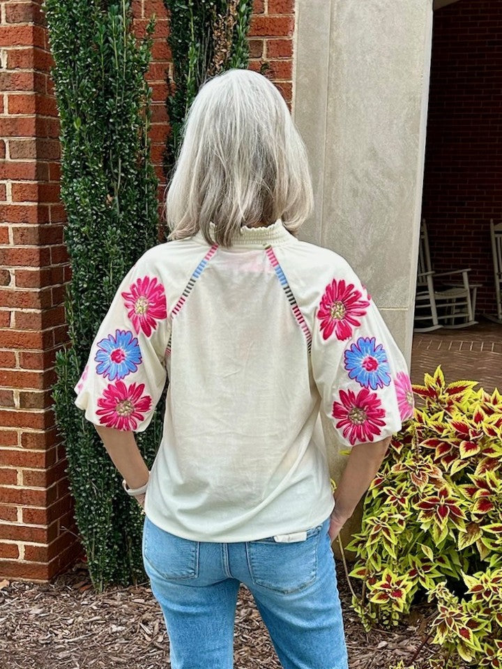 Puffed Sleeve Top w/ Embroidered Sleeve & Gathered Neckline