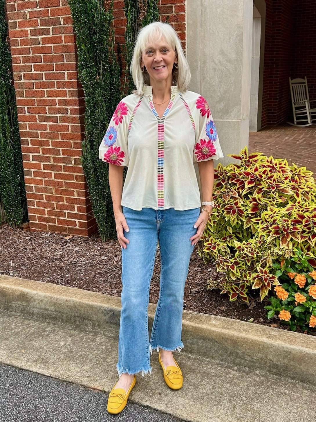 Puffed Sleeve Top w/ Embroidered Sleeve & Gathered Neckline