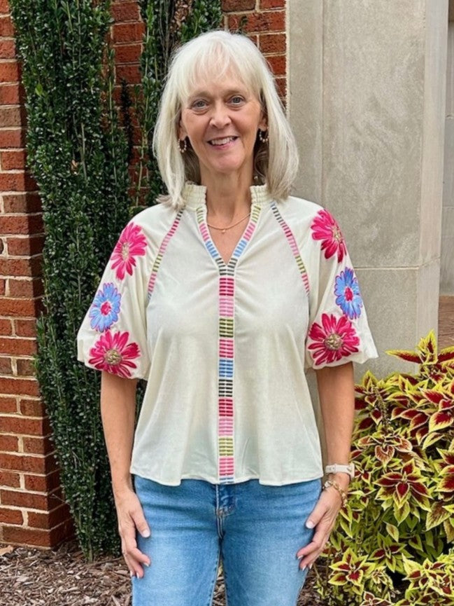 Puffed Sleeve Top w/ Embroidered Sleeve & Gathered Neckline