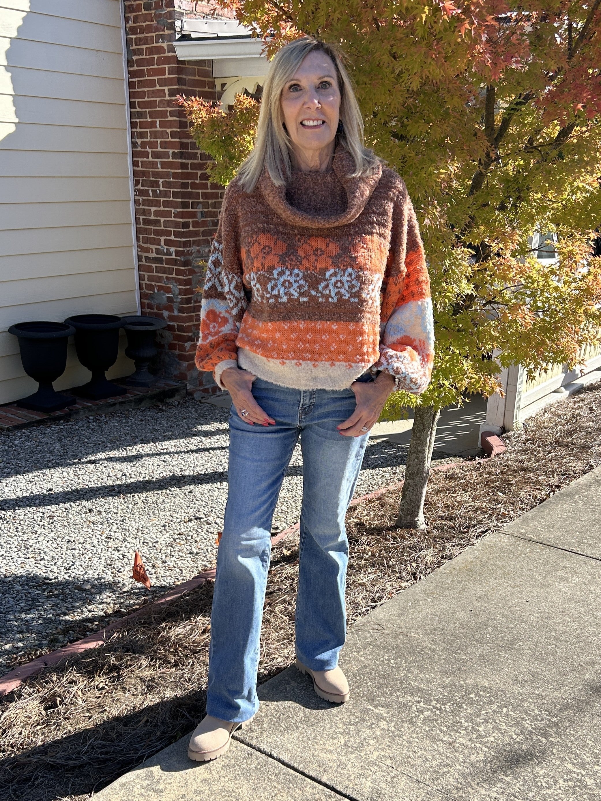 Floral Pattern Turtle Neck Fuzzy Sweater