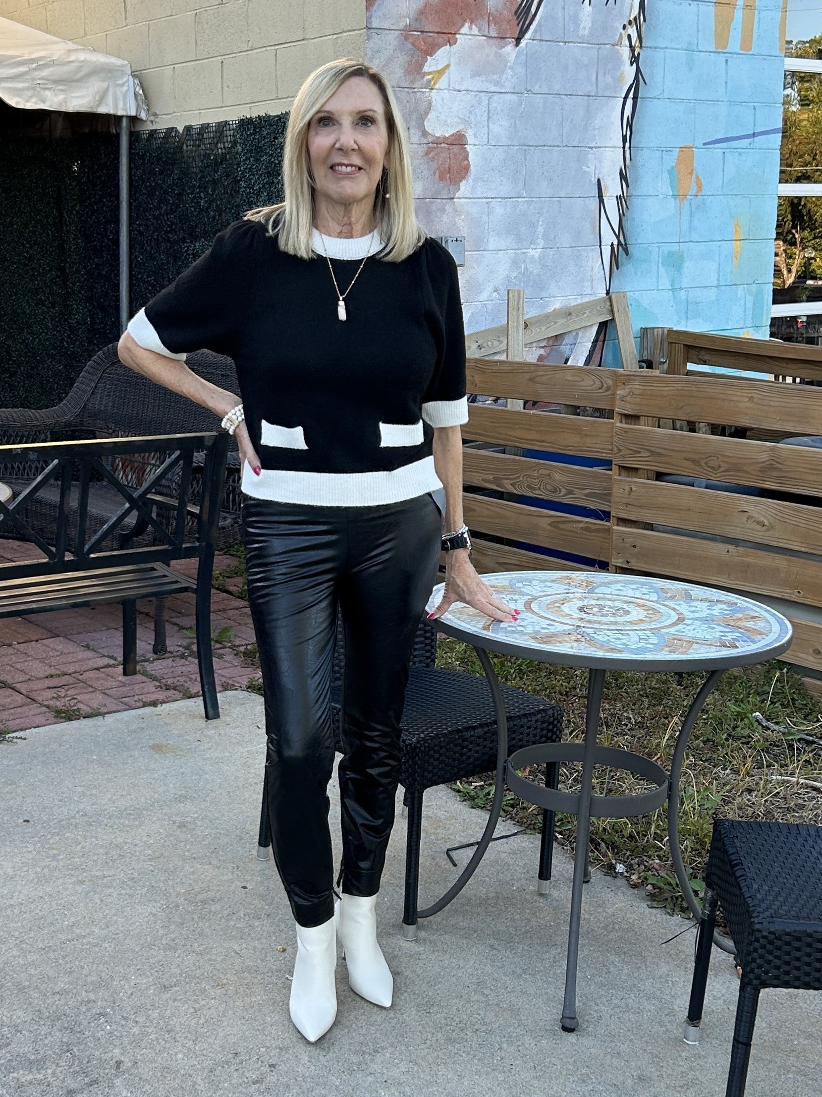 These Katherine vegan leather pants are a must have for this year's winter wardrobe!&nbsp;

With a toothpick skinny fit from waist to knee they open into a skinny, cropped leg. Crafted from 4-way stretch Textured Vegan Leather, they feature a slimming concealed patented waistband, strategically placed back patch pockets and inseam ankle slits with gunmetal studs. You can dress them up for work and events, or wear them casual with your sneaks!

Vegan Leather-&nbsp;100% Polyurethane
Lyssé Fit 360° Smoothing
L