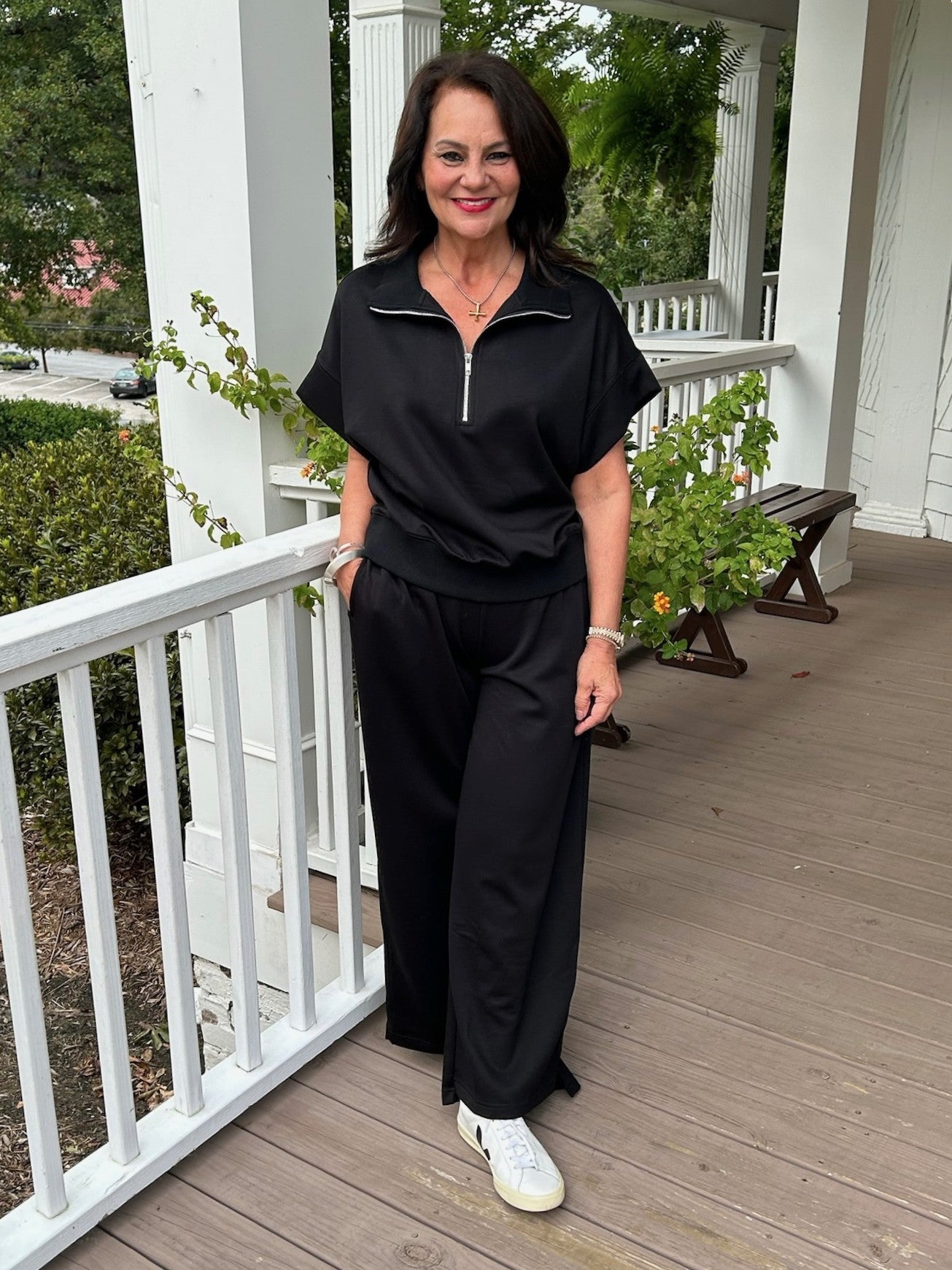 These Pull On Sweatpants feature an elastic and drawstring waist for a perfect, adjustable fit. Designed with a wide hem and side pockets, they combine practicality with style. Ideal for comfort and casual wear, they let you move freely while staying relaxed all day long. Perfect for lounging or running errands, these black sweatpants are your go-to choice for effortless comfort.

Pair with our matching "Casual Zip Front Top".

Material: 55% Rayon / 40% Polyester / 5% Spandex

Care Instructions: Hand wash c