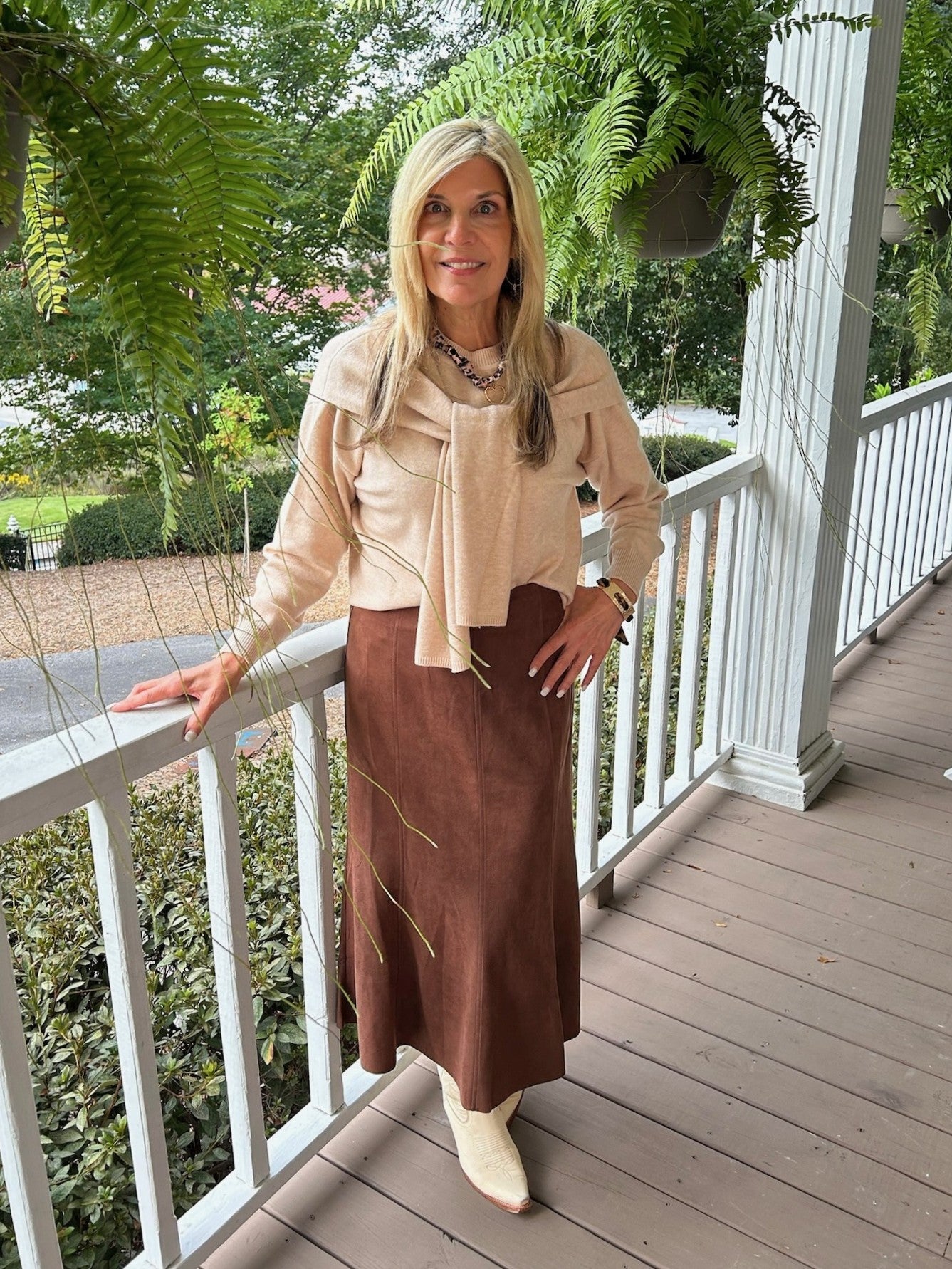 Long Faux Suede Skirt in Brown