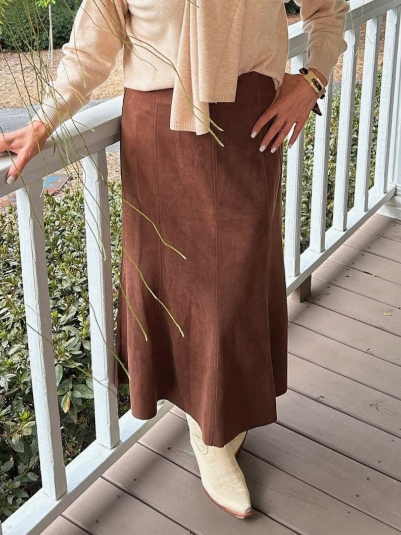 Long Faux Suede Skirt in Brown