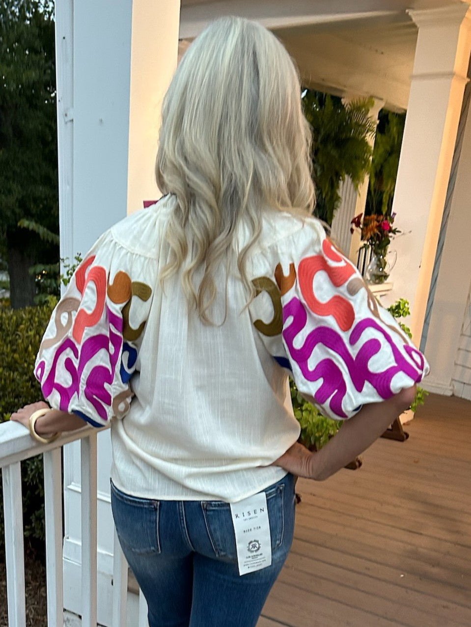 Ruffled Collar Top w/ Colorful Embroidered Sleeve