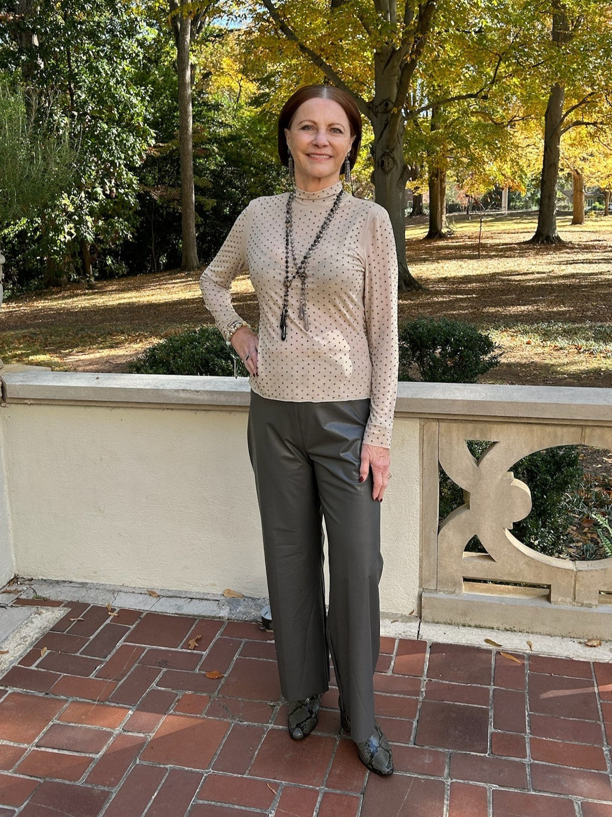 Embellished Mesh Mock Neck Top