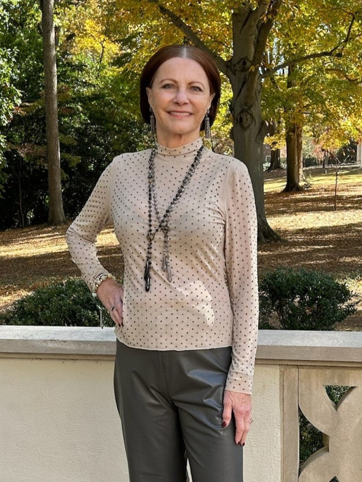 Embellished Mesh Mock Neck Top