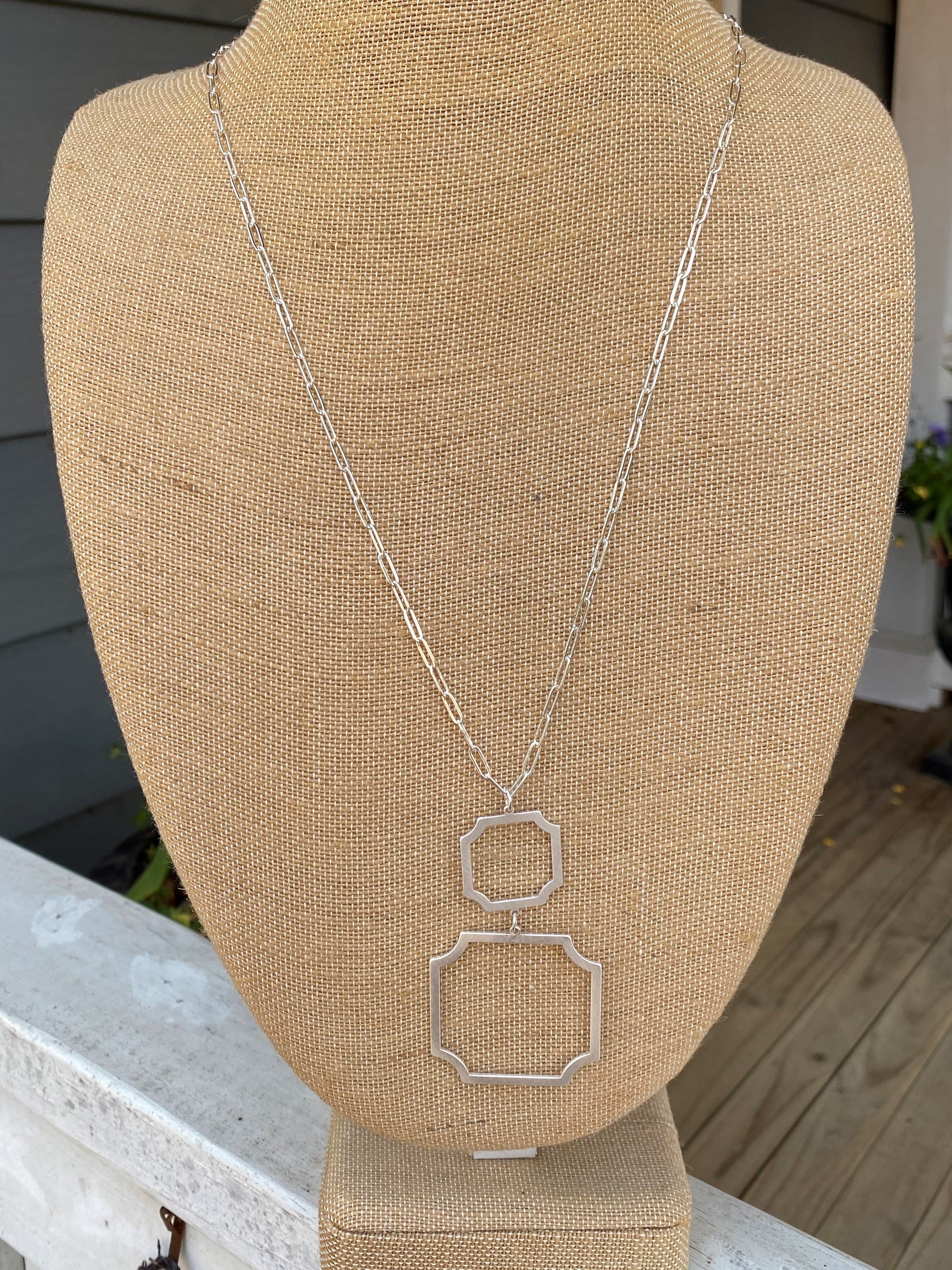 Silver Chain Necklace with Geometric Double Drop